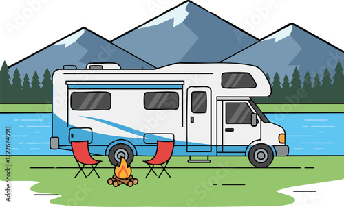 Recreational vehicle parked near river with mountains in the distance creates a peaceful camping scene in nature.