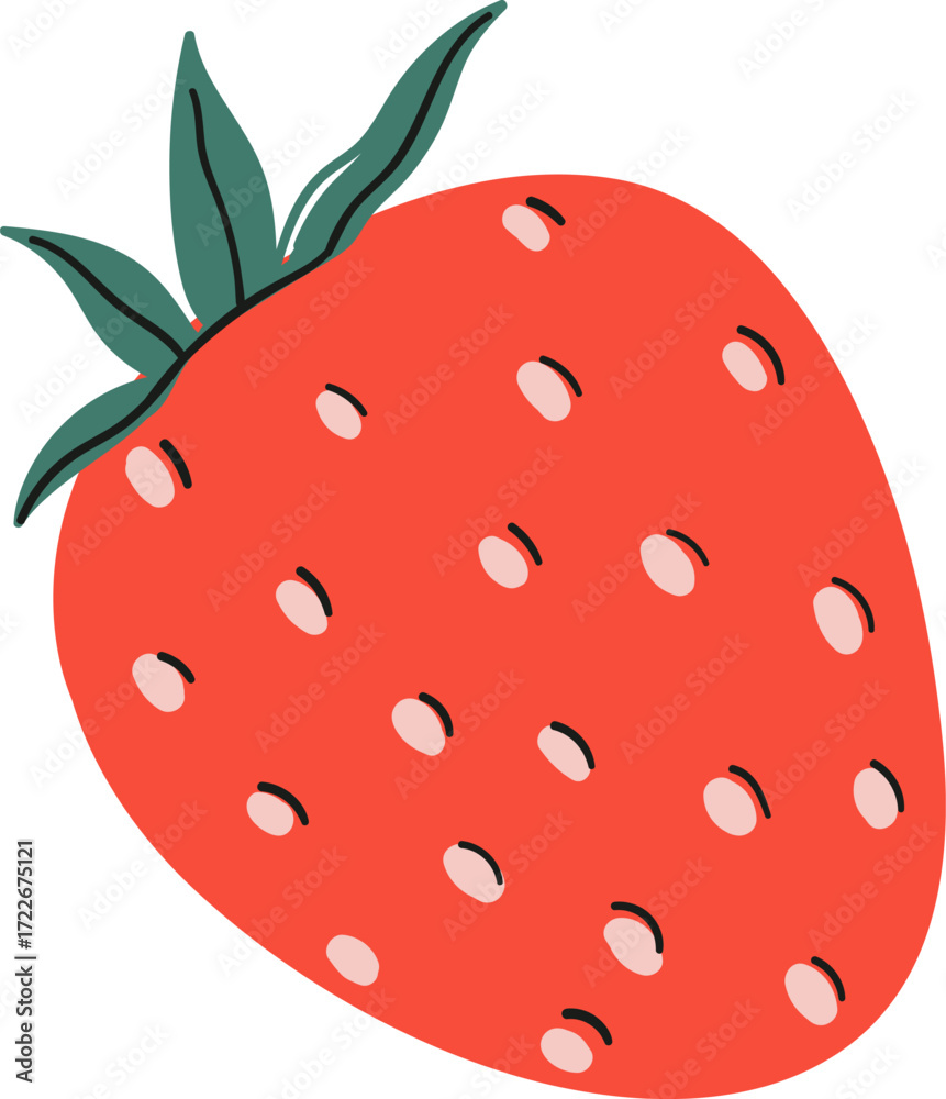 Obraz premium A cartoon strawberry with green leaves and light pink seeds