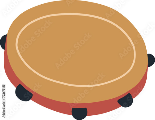 A cartoon tambourine with a brown head and red rim