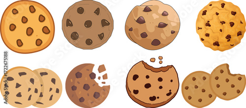 Chocolate chip cookies with bites taken food Crunchy cookie  vector cookies on white background 