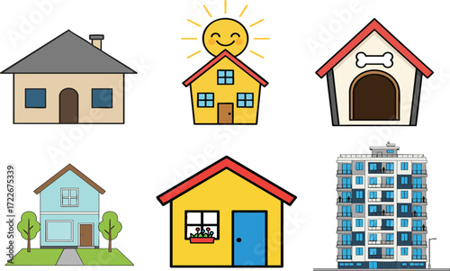 Various houses representing different architectural styles stand side by side, showcasing diversity in residential buildings with a playful and colorful aesthetic.