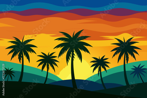 a vibrant sunset paints the sky with hues of orang