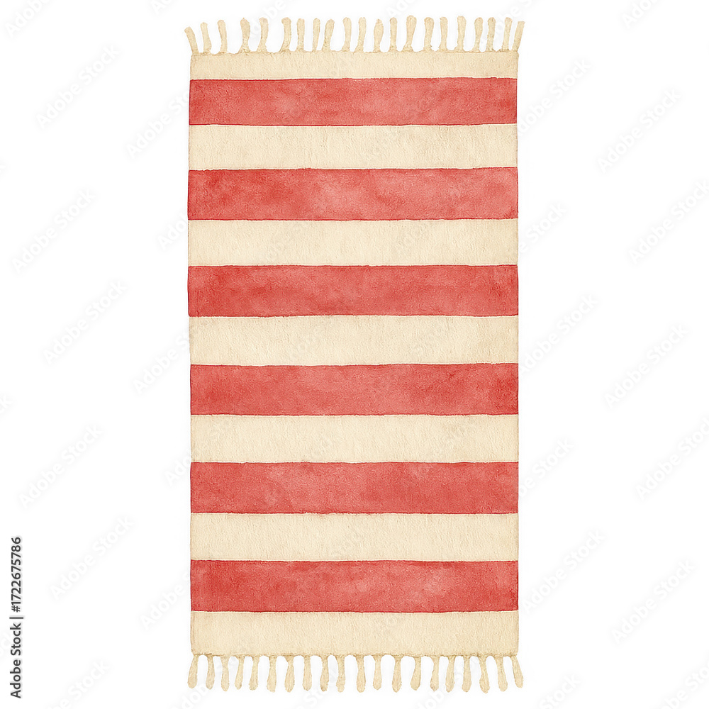 Obraz premium Watercolor striped beach towel with red and cream colors and fringe detail. Ideal for summer or beach designs. Transparent background.