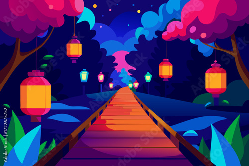 a wooden walkway winds through a lush garden  illu