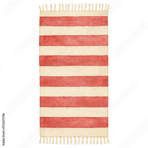 Watercolor striped beach towel with red and cream colors and fringe detail. Ideal for summer or beach designs. Transparent background.