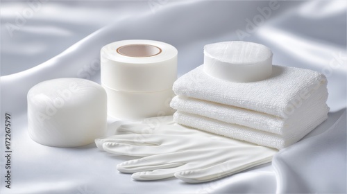 Medical Supplies Arrangement on Soft Fabric Background for Healthcare