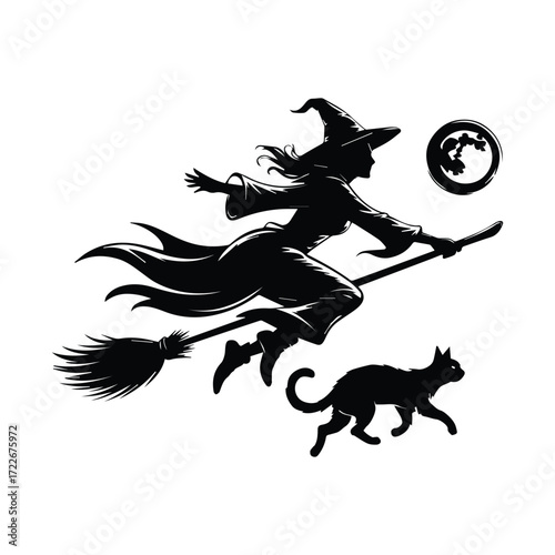 Witch Flying on a Broomstick with Black Cat and Full Moon Spooky Halloween Night