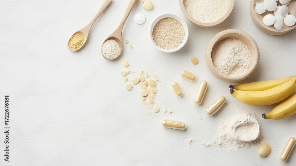 Fototapeta premium Natural Ingredients and Supplements on Marble Background