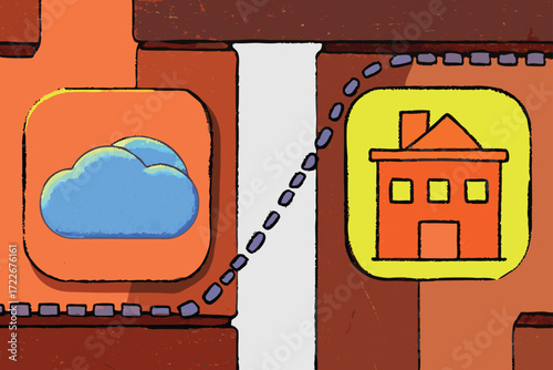 Digital cloud icon connecting to a home icon representing cloud services and home automation