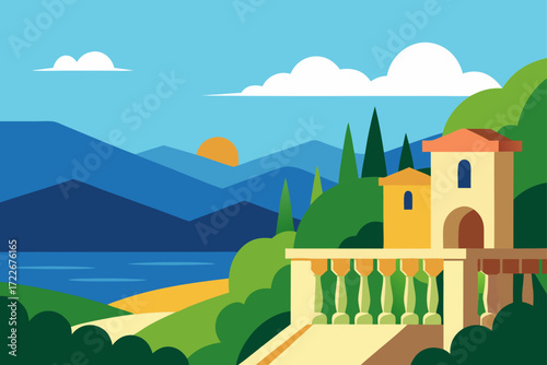 this idyllic painting depicts a sun drenched balco