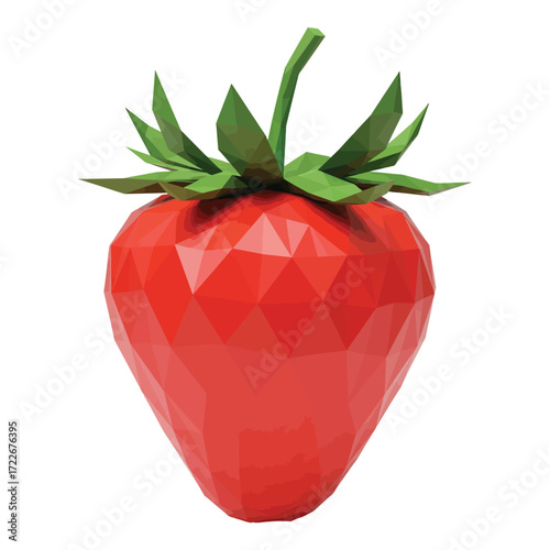Vector art of low poly red strawberry with green leaves