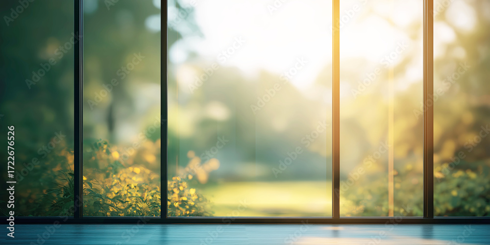 Naklejka premium Lush green landscape viewed through large glass windows, serene sunlight illuminating nature, relaxing indoor environment.