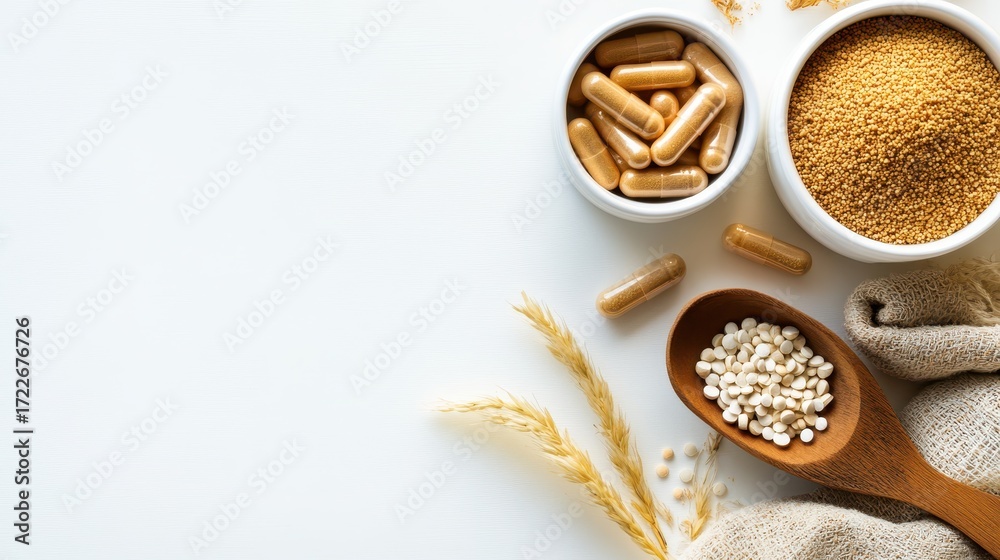 Fototapeta premium Natural Supplements and Grains with Healthy Ingredients on White Background
