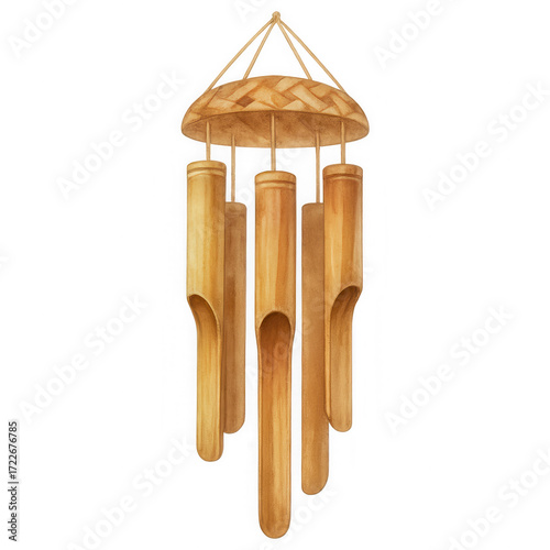 Watercolor bamboo wind chime with hanging tubes. Tropical decorative clipart with natural wooden tone on transparent background.