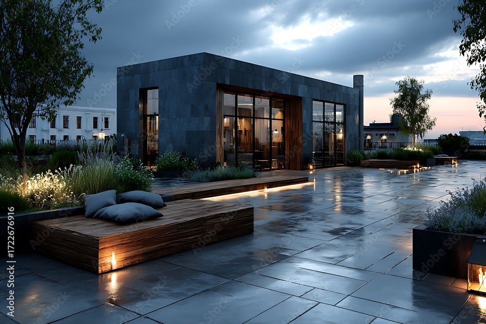 Fototapeta premium Modern rooftop terrace with building and seating outdoor