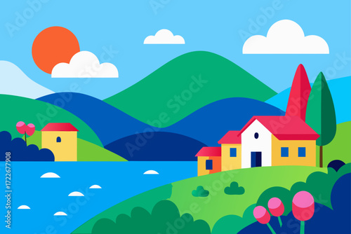 this vibrant image depicts a serene lakeside scene