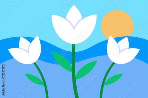 three ethereal  translucent white flowers with del
