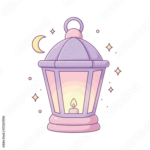 Vector art of a pastel purple lantern with a candle and stars