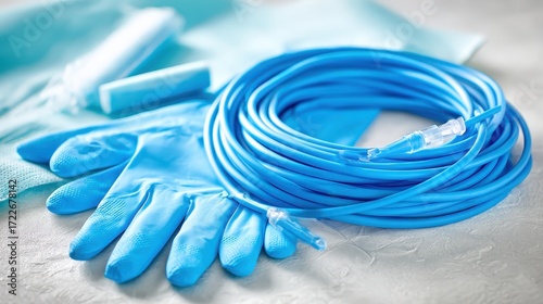 Medical Supplies with Blue Gloves, Tubing, and Equipment for Care
