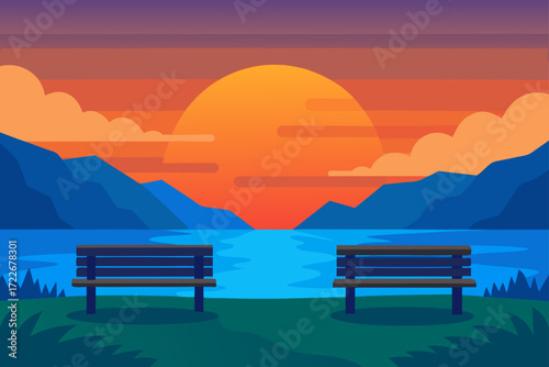 two empty benches face a serene lake at sunset  th