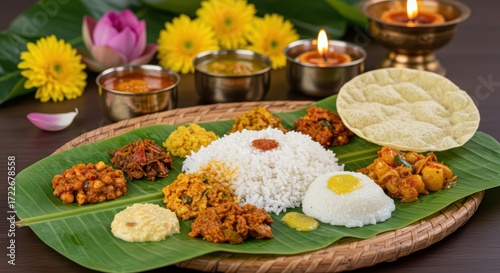 Onam sadhya on banana leaf against a blurred garden background with lotuses and festive lights. Traditional kerala vegetarian meal with rice and various curries. Festive Indian feast for celebration