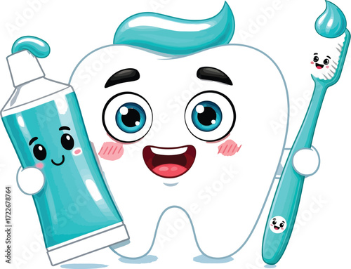 Cartoon tooth character with toothpaste and toothbrush on white background