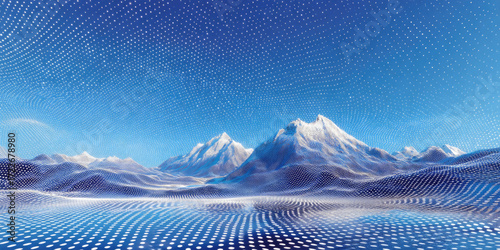 Futuristic digital landscape with blue gradient background featuring undulating surface covered in white dots resembling mountain range made from light and energy lines creating movement and depth.
