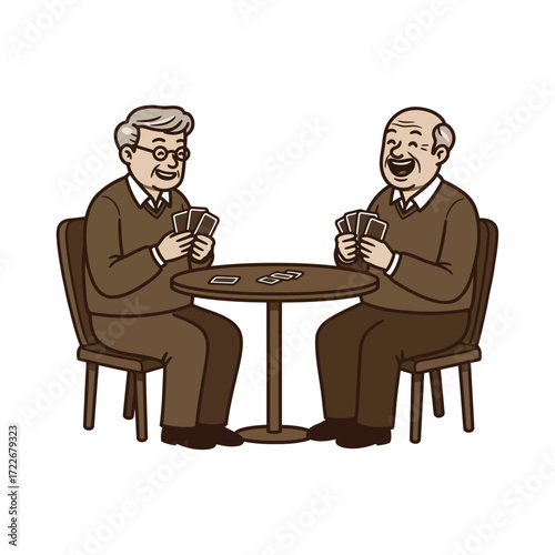 Vector art of two elderly men playing cards at a table