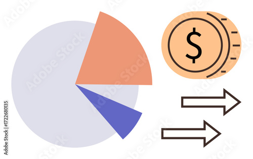 Pie chart segments beside a coin icon with dollar sign and two arrows indicate financial planning, data distribution, revenue growth, budgeting, investment flow, profit share, project allocation