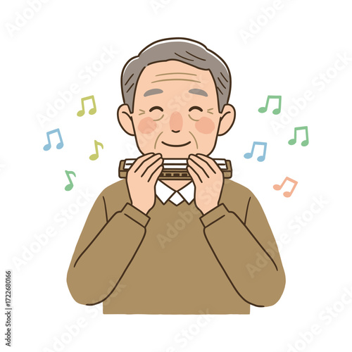 Vector art of senior gentleman enjoying playing the harmonica, surrounded by colorful musical notes