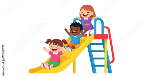 Cheerful multicultural children sliding down a vibrant yellow playground slide, showcasing active outdoor fun and the pure joy of childhood friendship and play