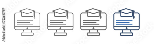 
outline icon set on line learning with computer, document and toga hat design
