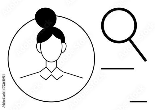 Female profile within a circular frame, paired with a magnifying glass and horizontal lines. Ideal for user search, identification, recruitment, analysis, profiles, auditing, simple flat metaphor