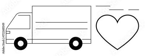 Delivery truck moving toward heart, illustrating speed, care, and efficiency. Ideal for logistics, shipping, transport, customer service e-commerce healthcare and charity. Simple flat metaphor