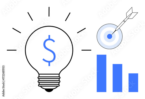 Lightbulb with dollar sign, target with an arrow, and bar graph representing success, innovation, and progress. Ideal for finance, strategy, goals, investment marketing analytics decision-making