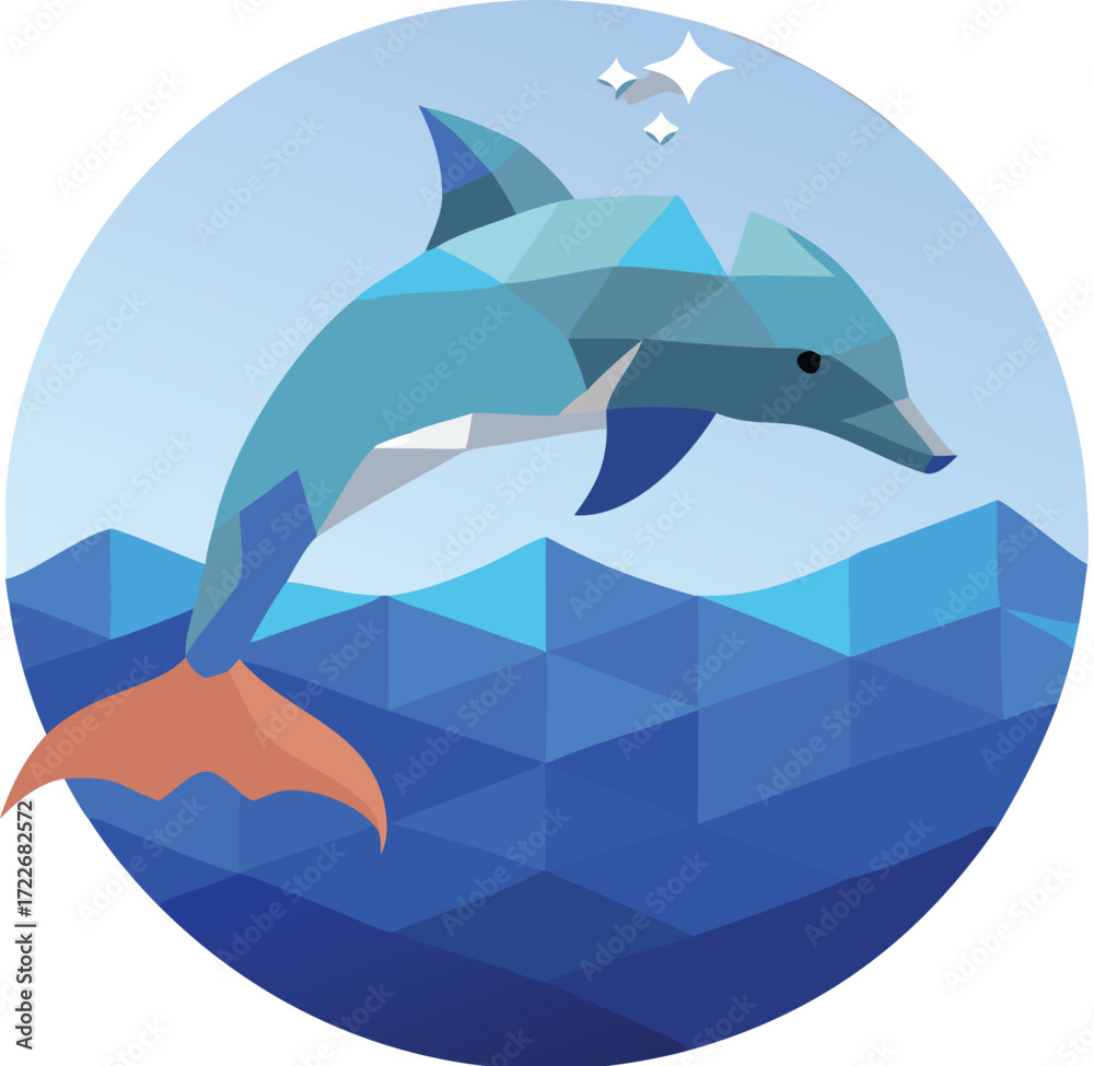 Fototapeta premium Low poly dolphin jumping out of ocean waves