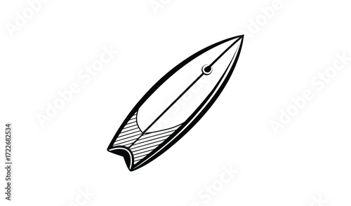Hand drawn illustration of a classic surfboard with fin detail