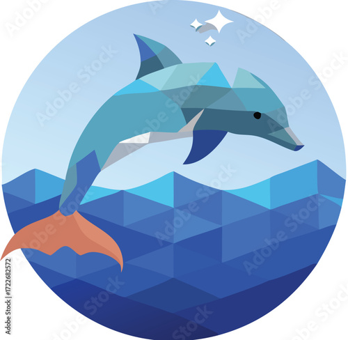 Low poly dolphin jumping out of ocean waves