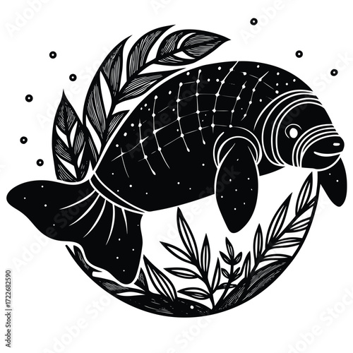 Low poly manatee swimming under water with plants