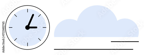 Analog clock beside a soft cloud shape symbolizing time, weather, or cloud computing. Ideal for technology, productivity, weather forecasting, online services, planning, scheduling connection
