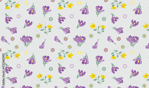 Seamless Floral Pattern with Purple and Yellow Flowers on Light grey Background