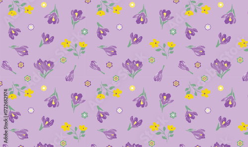 Seamless Floral Pattern with Purple and Yellow Flowers on violet Background