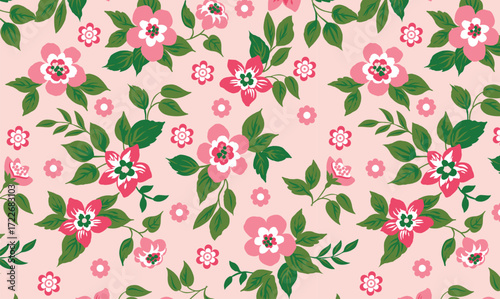 Pink Floral Seamless Pattern with Green Leaves
