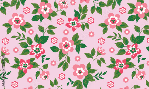 Violet Floral Seamless Pattern with Green Leaves