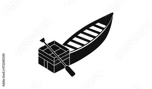 Simple isometric illustration of a canoe and paddle with a box