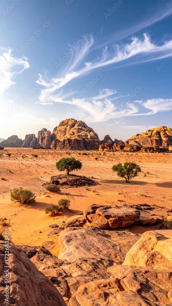 Fototapeta premium Desert landscape with sandstone mountains and sparse vegetation