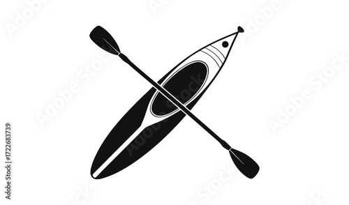 Black and white illustration of a kayak and paddle