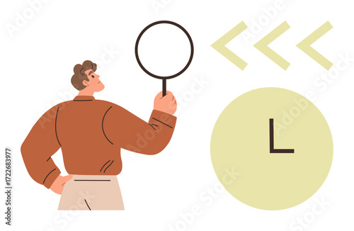 Person holds magnifying glass, analyzes time symbol and backward arrows, emphasizing review, research, and retrospective focus. Ideal for time management, analysis, revision, learning history