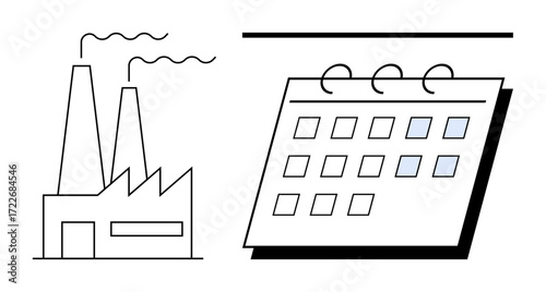 Factory building with chimneys emitting smoke alongside a calendar with highlighted days. Ideal for production planning, workflow management, timelines, deadlines, industrial scheduling, strategy