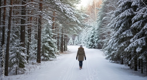 A person walking through a snowy forest, wearing a coat and hat, with snow-covered trees and a clear sky.